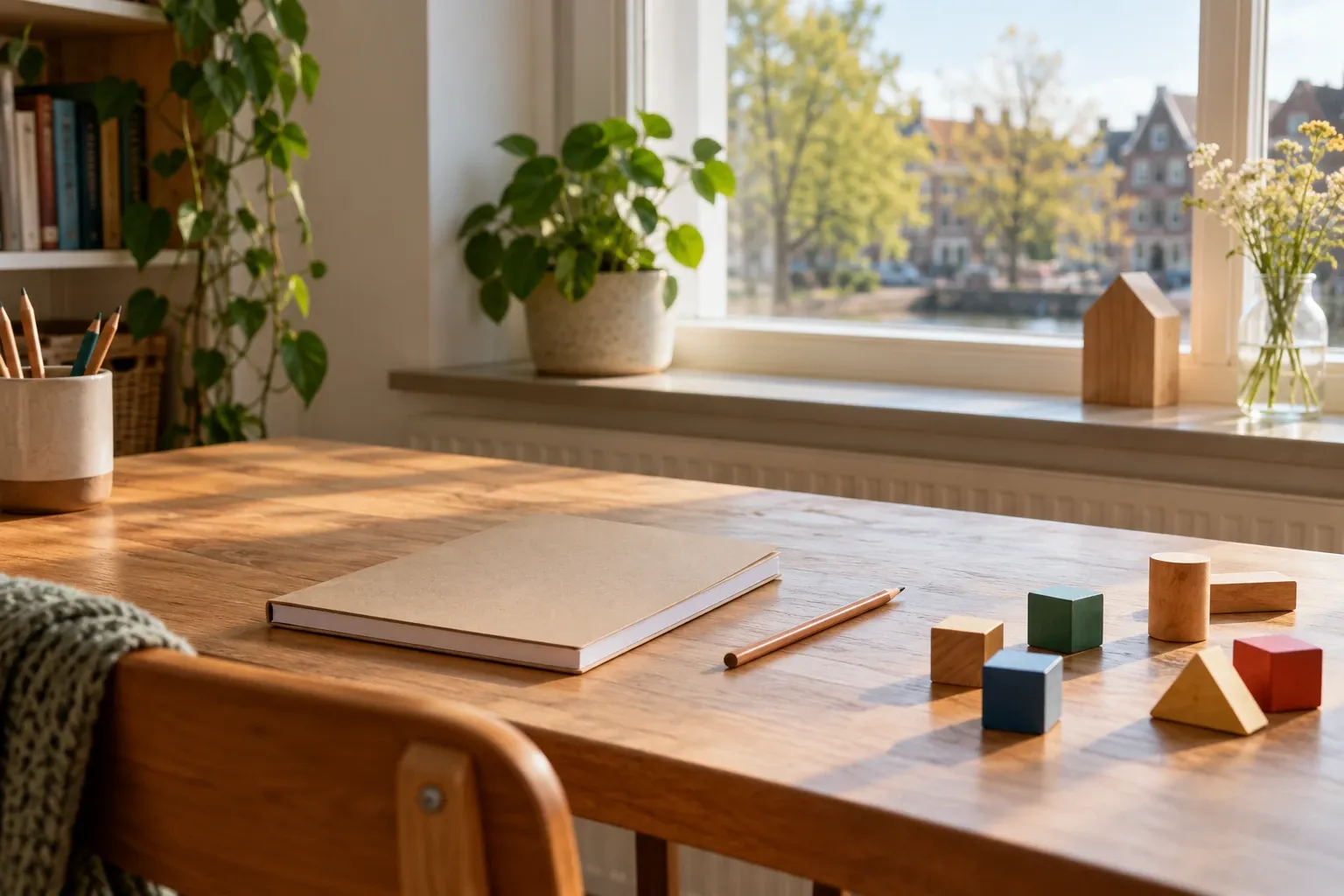 Houten tafel bij raam met schrift, potlood en kleurrijke houten blokken voor oefenen