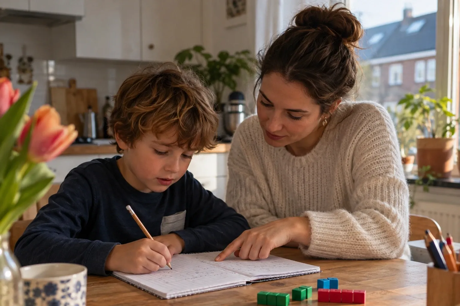 Vrouw begeleidt jongen aan keukentafel terwijl hij oefent met schriftelijke opdrachten