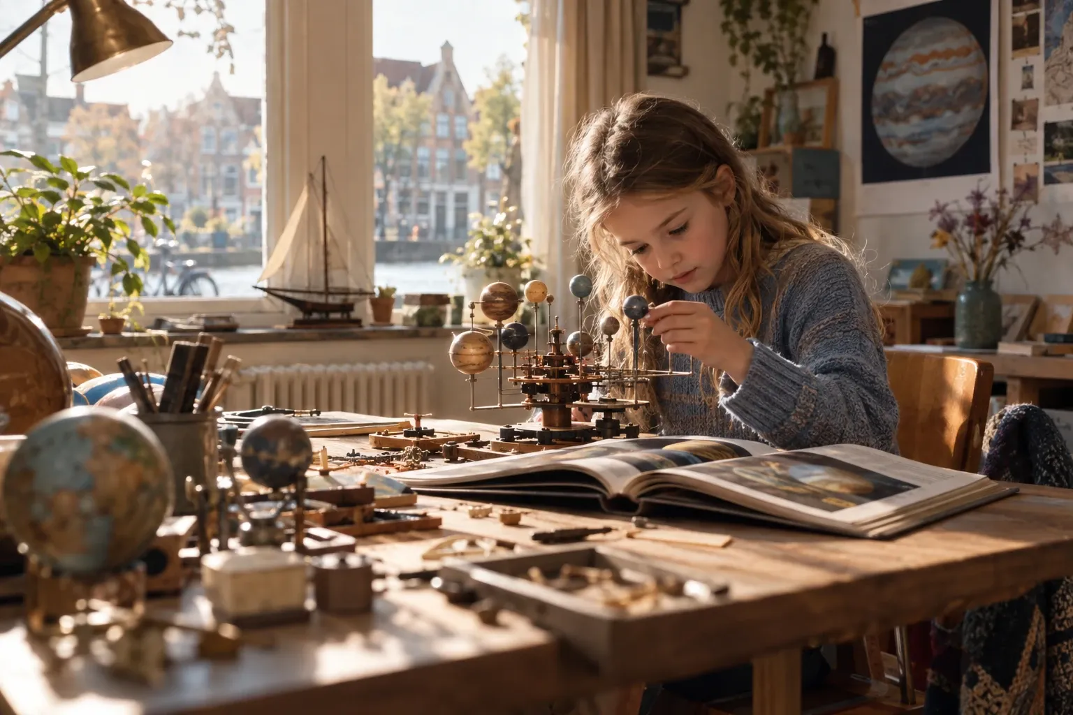 Meisje geconcentreerd aan tafel met boeken en een modellen zonnestelsel, warm licht