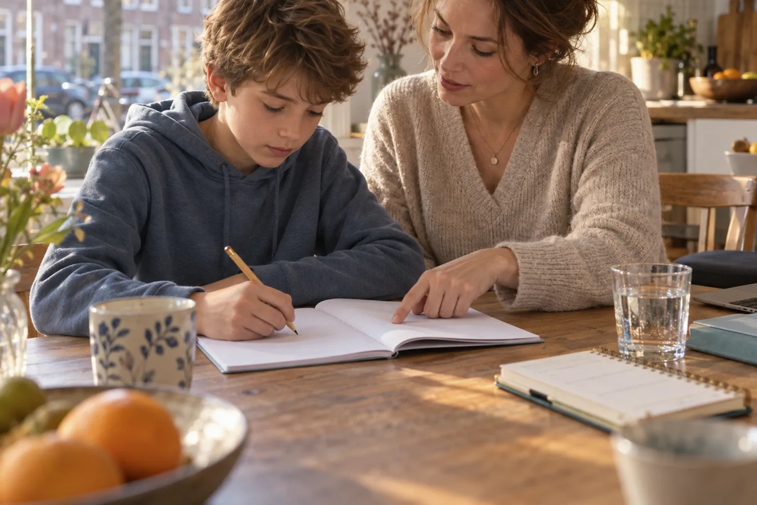 Vrouw begeleidt jongen aan keukentafel terwijl hij in schrift huiswerk maakt