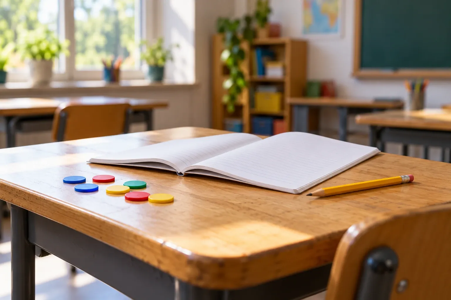 Schoolbank met open schrift, potlood en kleurrijke telmunten in leeg klaslokaal