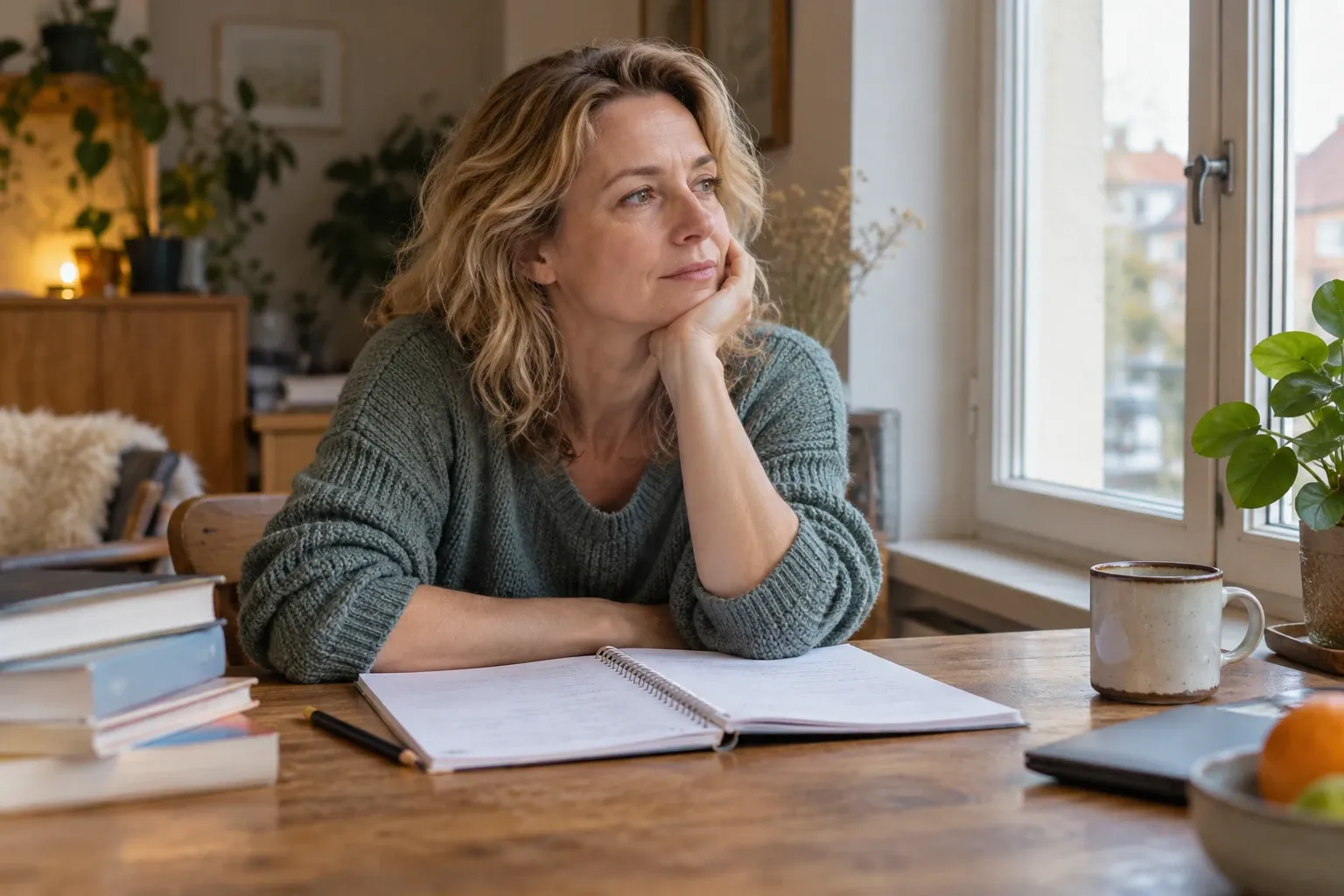Vrouw zit aan tafel met open notitieboek, starend uit het raam, kopje thee naast haar